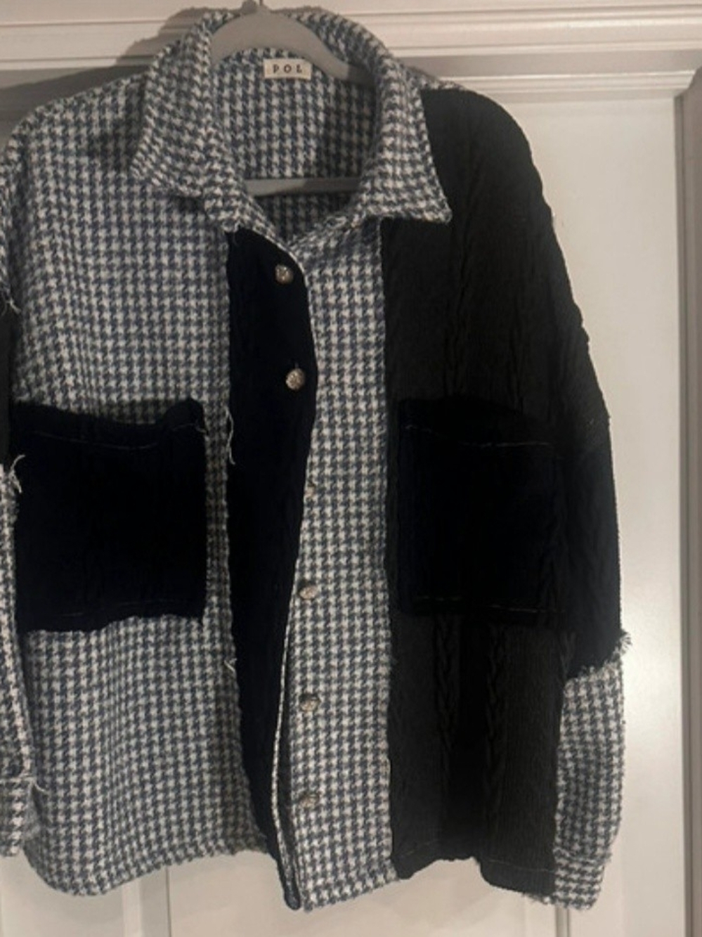 POL Blue And White Patchwork Houndstooth Shirt Jacket